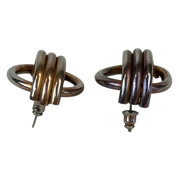 Vintage Tube Earrings Round Design Gold Silver Tone 80s Geometric - Picture 4 of 7